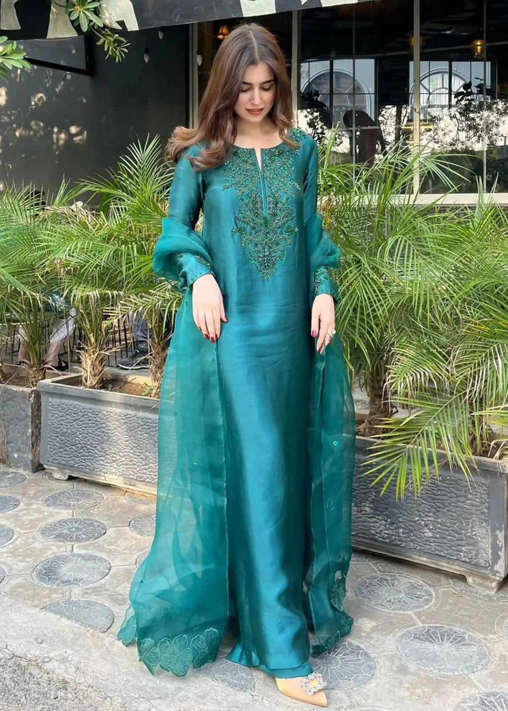 Premium Shamoz Silk Unstitched Suit – Emerald Teal 3 pcs