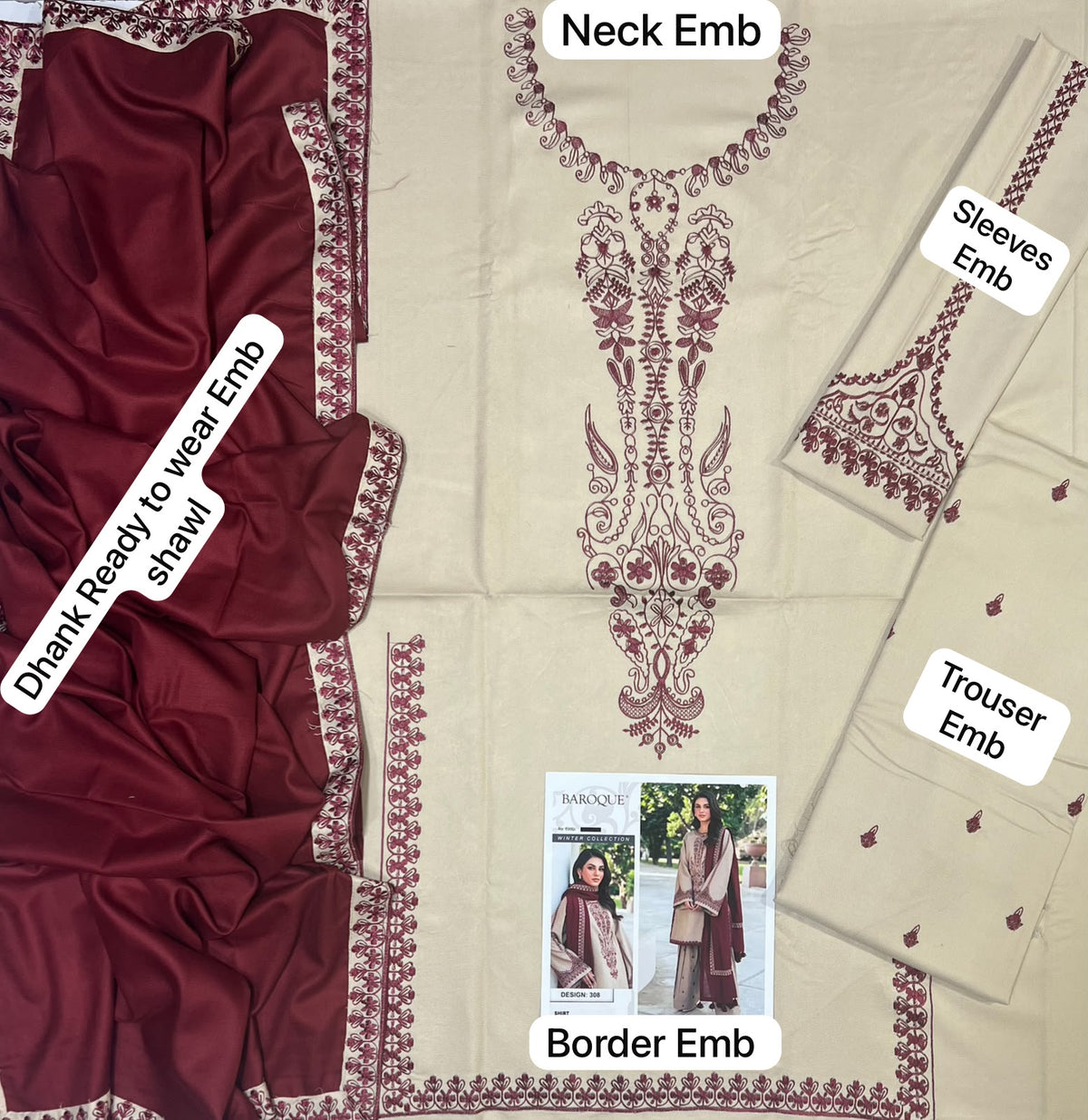 DHANAK BEIGE Embraided 3 Pcs unstitched with ready to wear Shawl (EF-28)