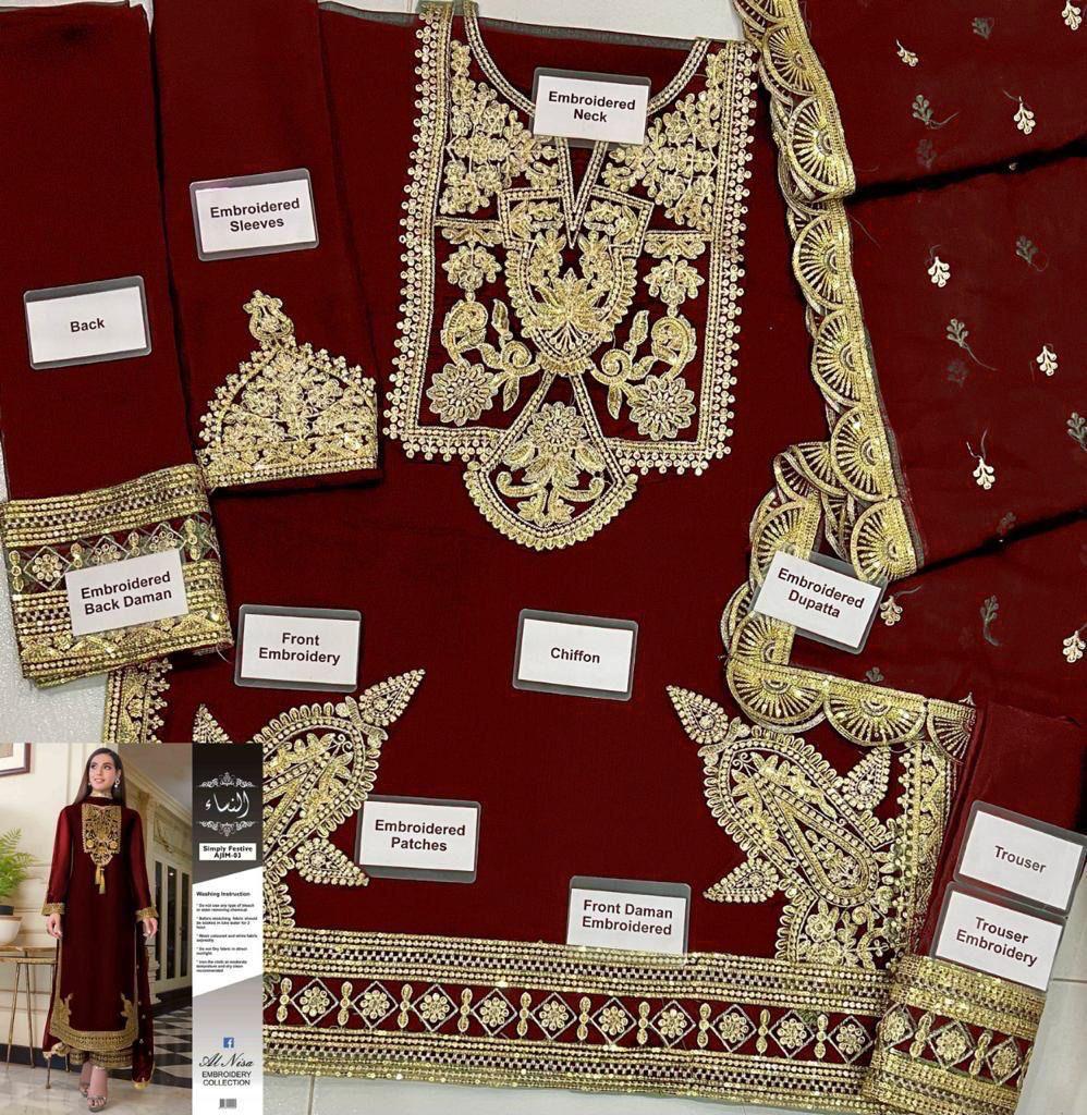 Embroidered Chiffon 3-Piece Suit – Royal Maroon (MI-26)