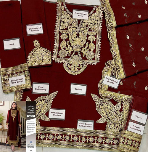 Embroidered Chiffon 3-Piece Suit – Royal Maroon (MI-26)