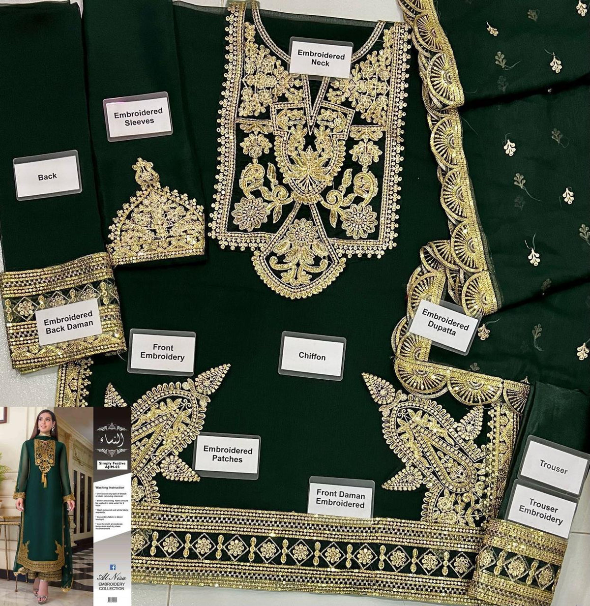 Regal Bottle Green-Embroidered Chiffon 3-Piece Suit Unstiched (MI-26)