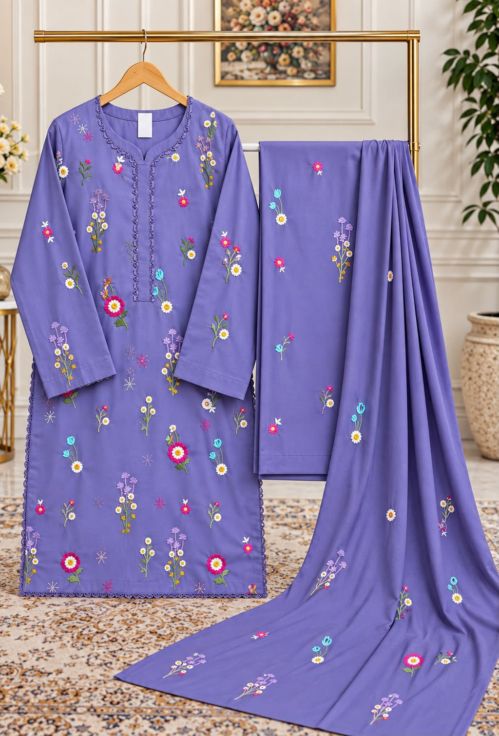 Designer Embroidered Dhanak Stitched Suit- 3 Peices