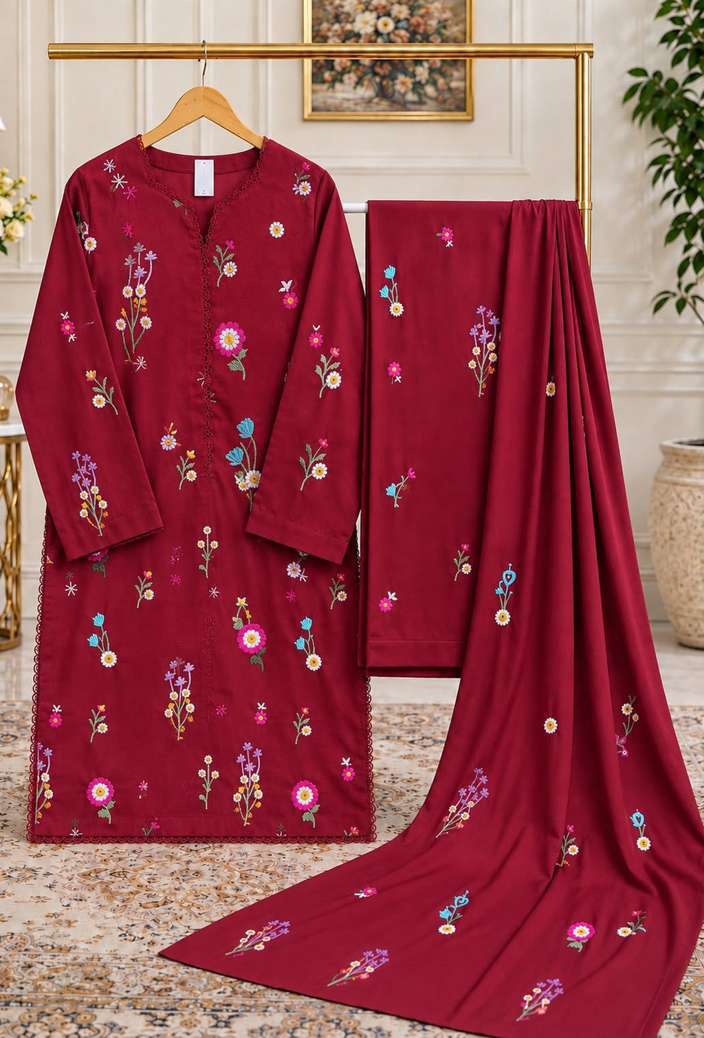 Designer Embroidered Dhanak Stitched Suit- 3 Peices
