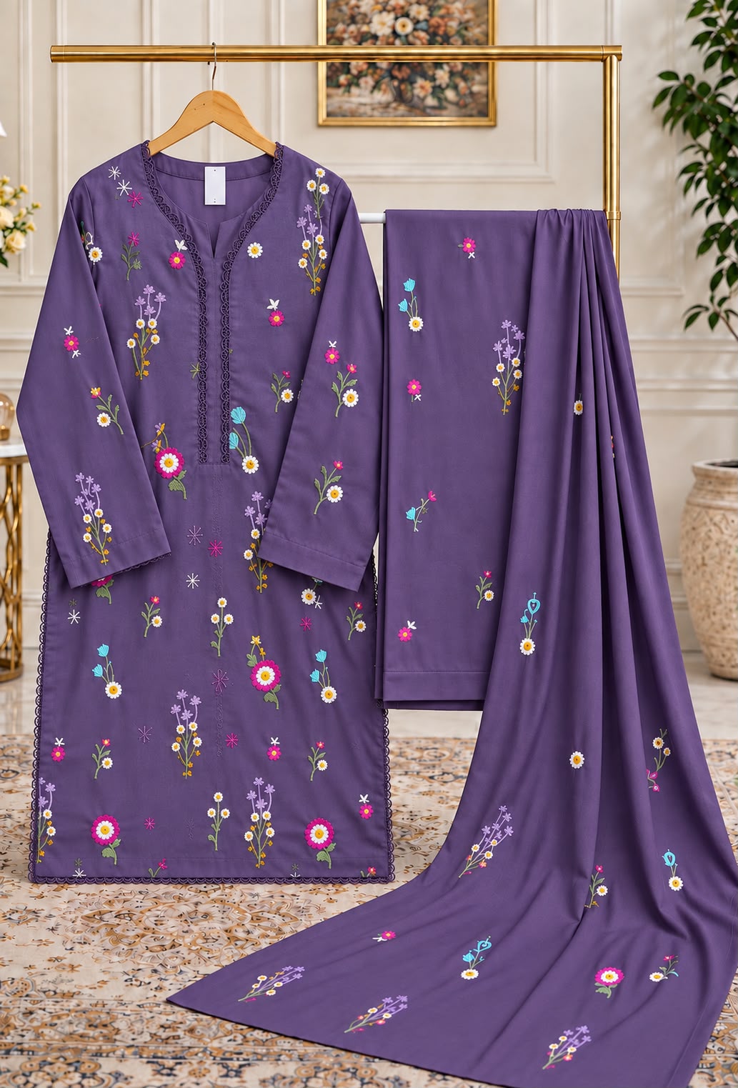 Designer Embroidered Dhanak Stitched Suit- 3 Peices