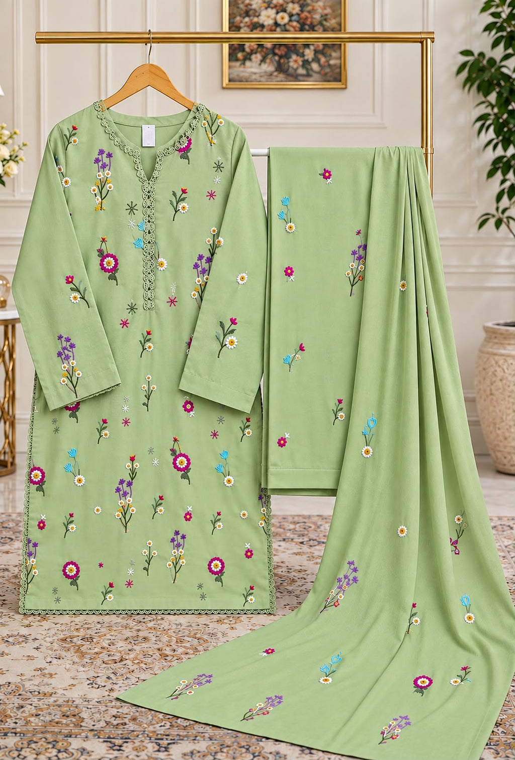 Designer Embroidered Dhanak Stitched Suit- 3 Peices