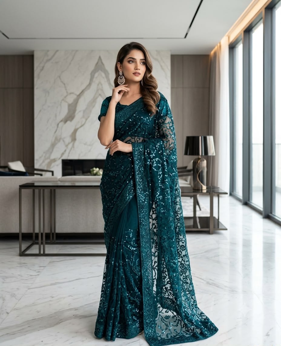 Teal Sequin Embroidered Net Saree with Sheer Floral Pallu
