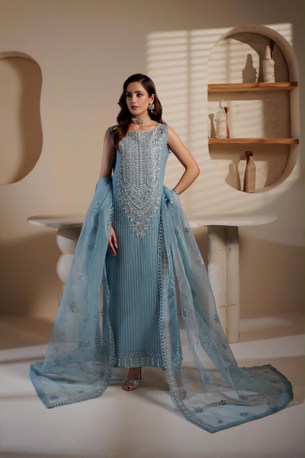 Teal Exclusive Embrioded with Ada work Unstitched 3 Pcs