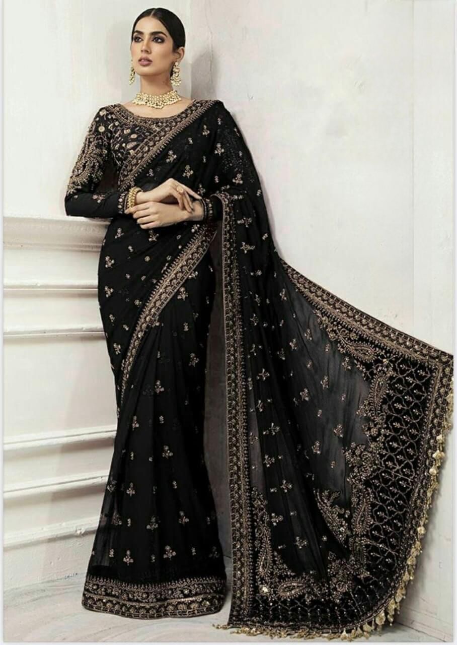 Black Heavy Zardozi Embroidered Net Saree with Scalloped Pallu, 7 Gaz