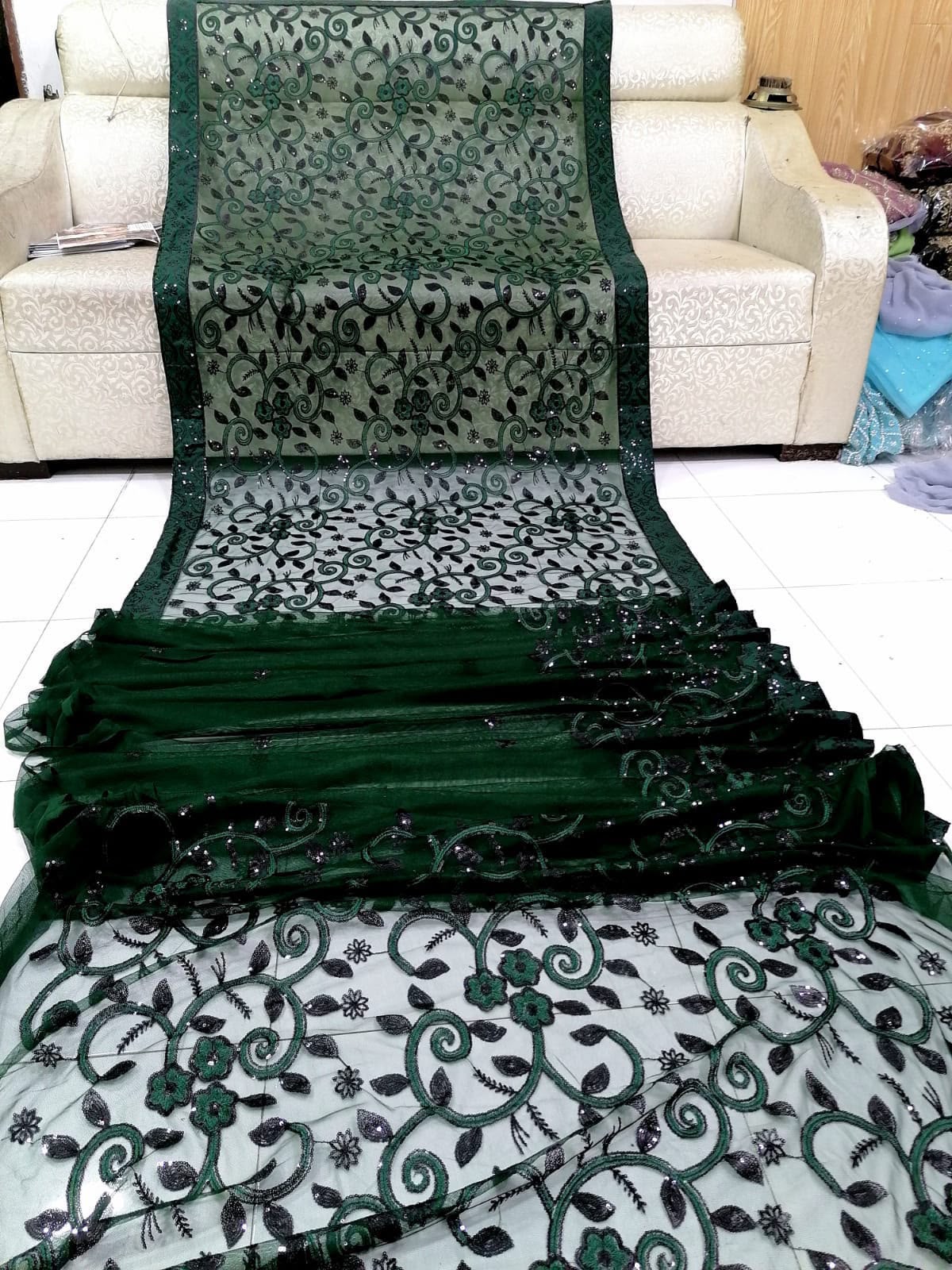 Green Sequin Embroidered Net Saree with Sheer Floral Pallu
