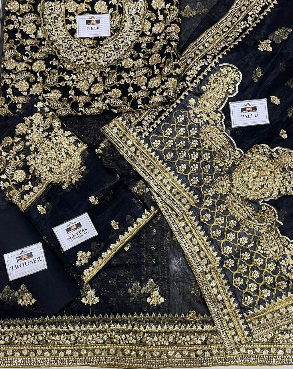 Black Heavy Zardozi Embroidered Net Saree with Scalloped Pallu, 7 Gaz