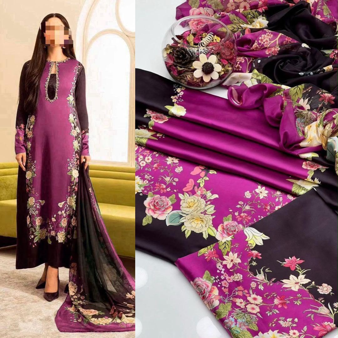 Lulusar Most Demanding Edition, Silk Digital Print 3pc Suit, Magenta Floral Border