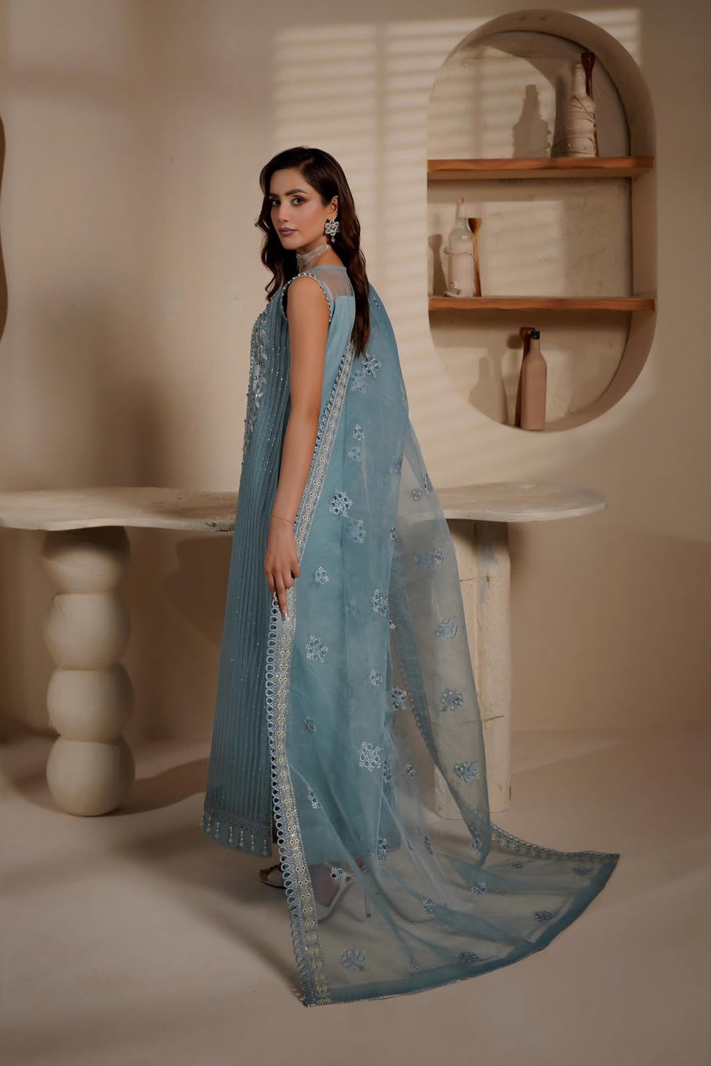 Teal Exclusive Embrioded with Ada work Unstitched 3 Pcs