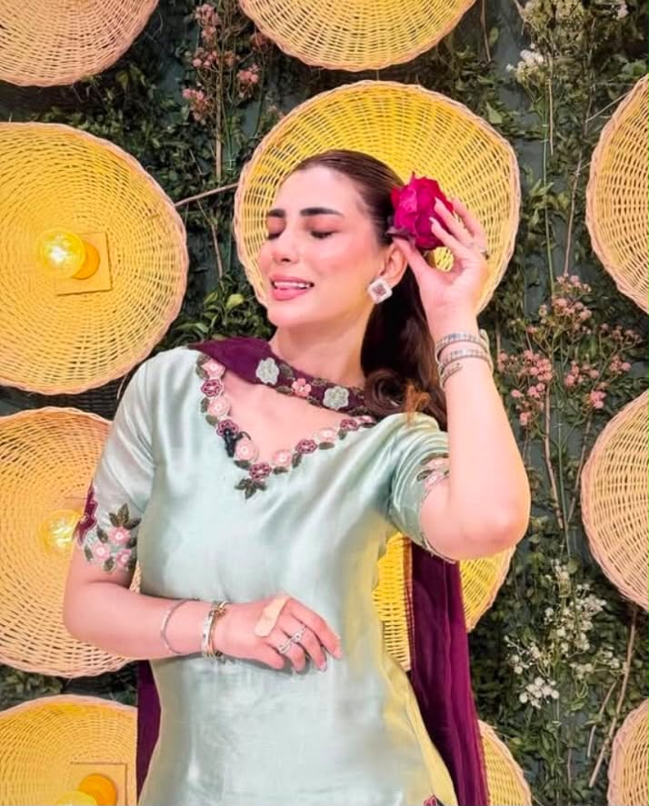 Mint Green & Plum Embroidered Shamooz Silk Suit (As Worn by Nazish Jahangir)