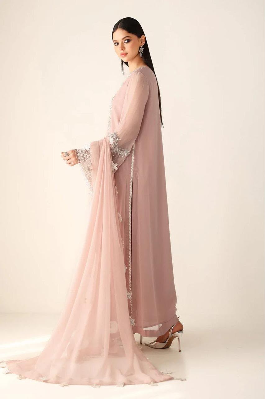 Elegant Festive wear Peach Embrioded Chiffon unstitched 3 pcs