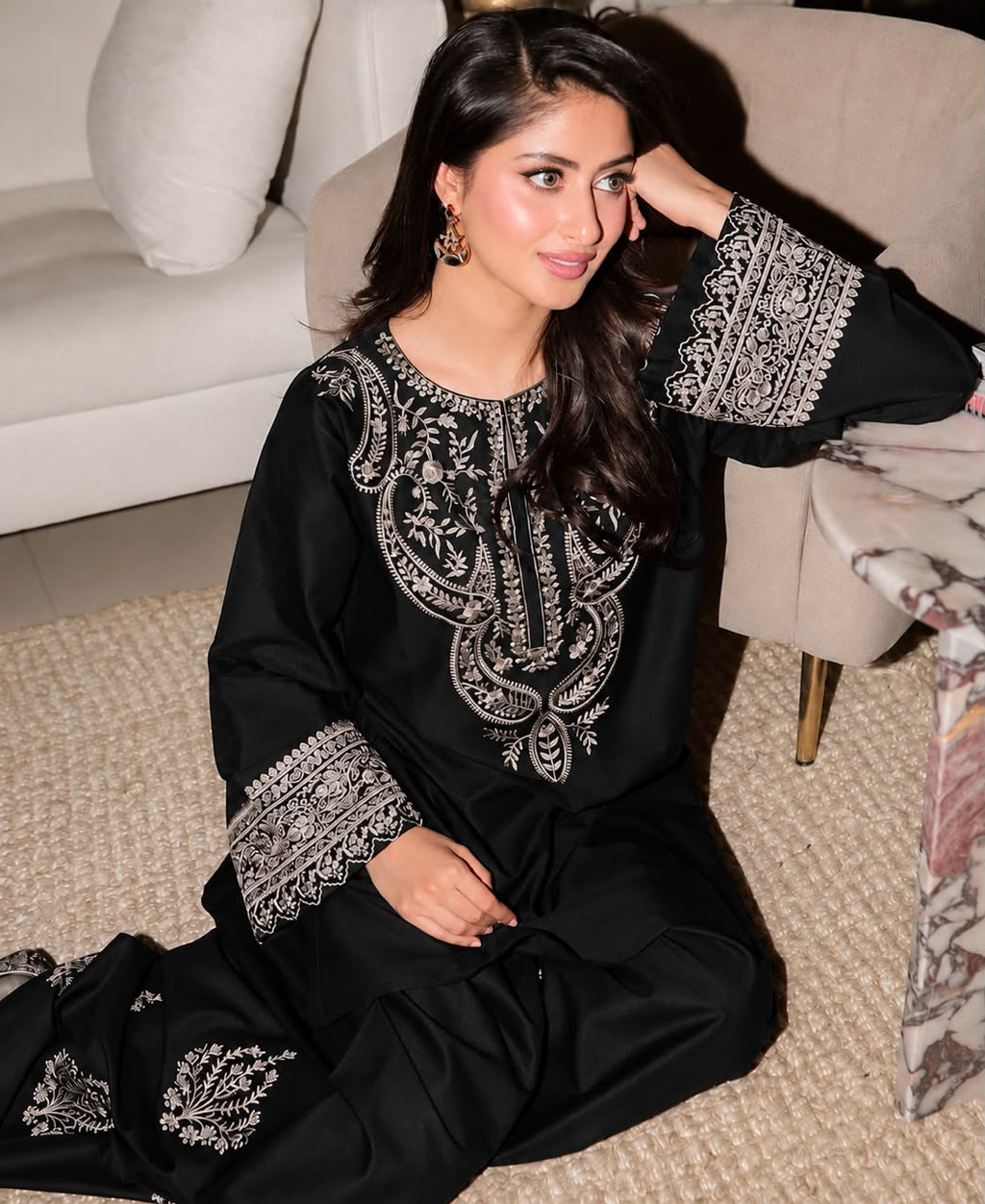 Premium Heavy Embroidered Shamooz Silk Unstitched 2 pcs Set (Hit Code)