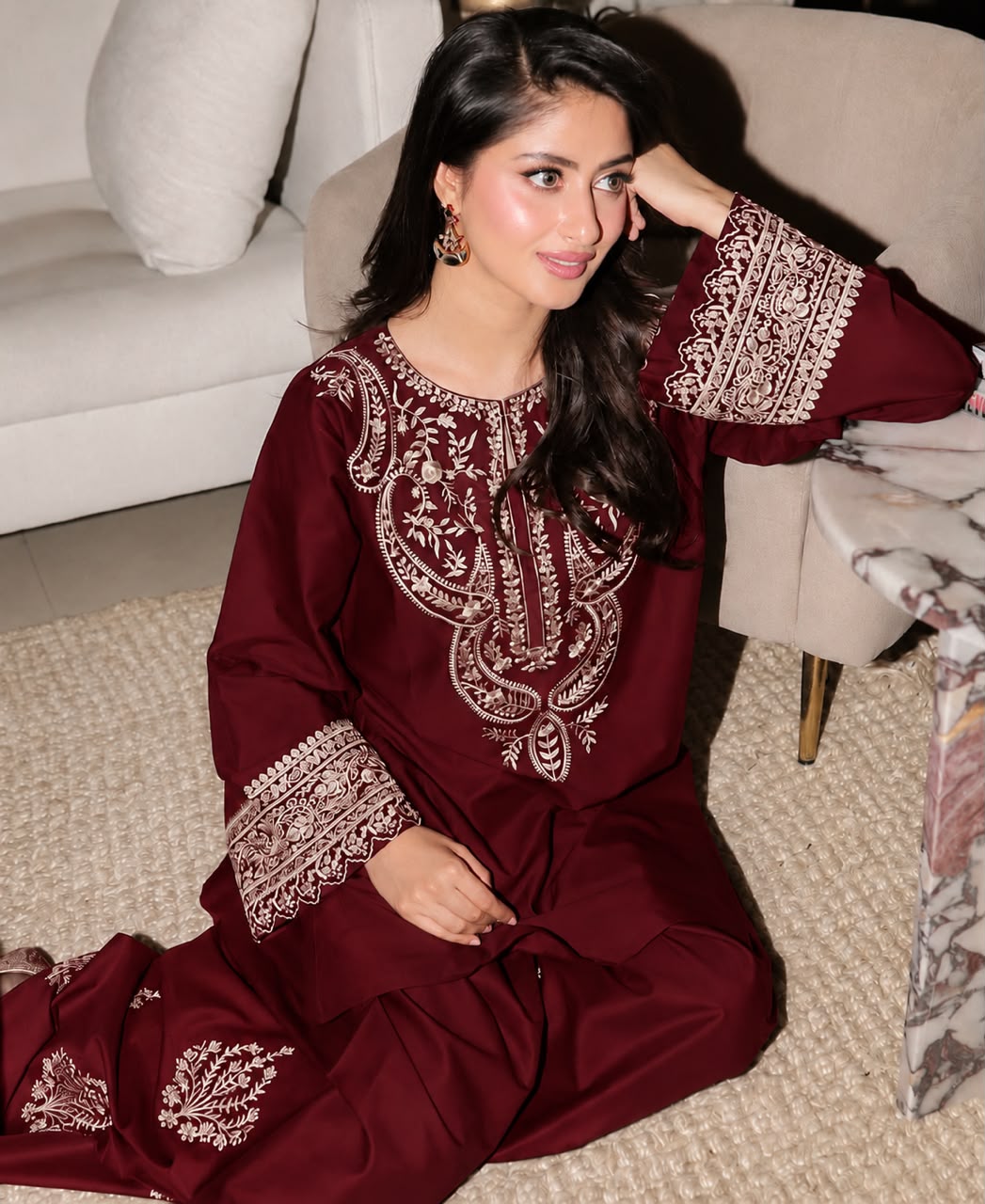 Premium Heavy Embroidered Shamooz Silk Unstitched 2 pcs Set (Hit Code)