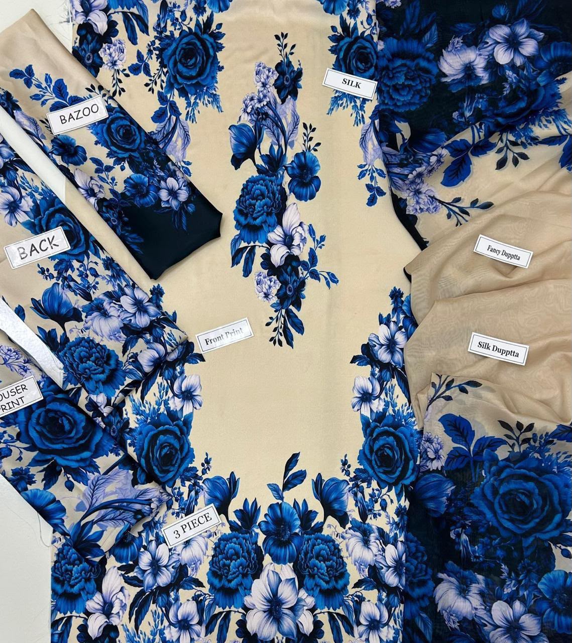 Lulusar Most Demanding Edition, Silk Digital Print 3pc Suit, Cream and Cobalt Blue Floral