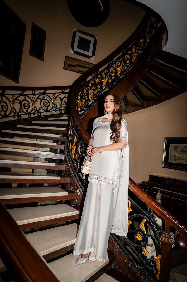 Maruk Pearl White Embellished Shamoz Silk Suit 3 Pcs Unstitched