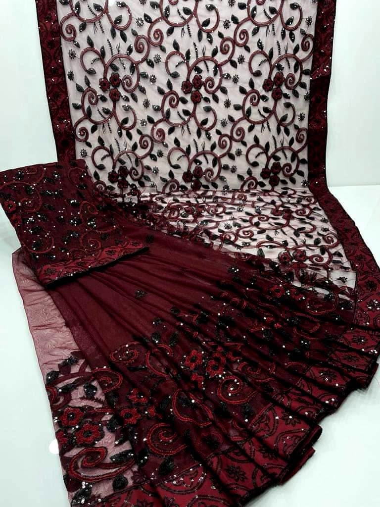 Maroon Sequin Embroidered Net Saree with Sheer Floral Pallu
