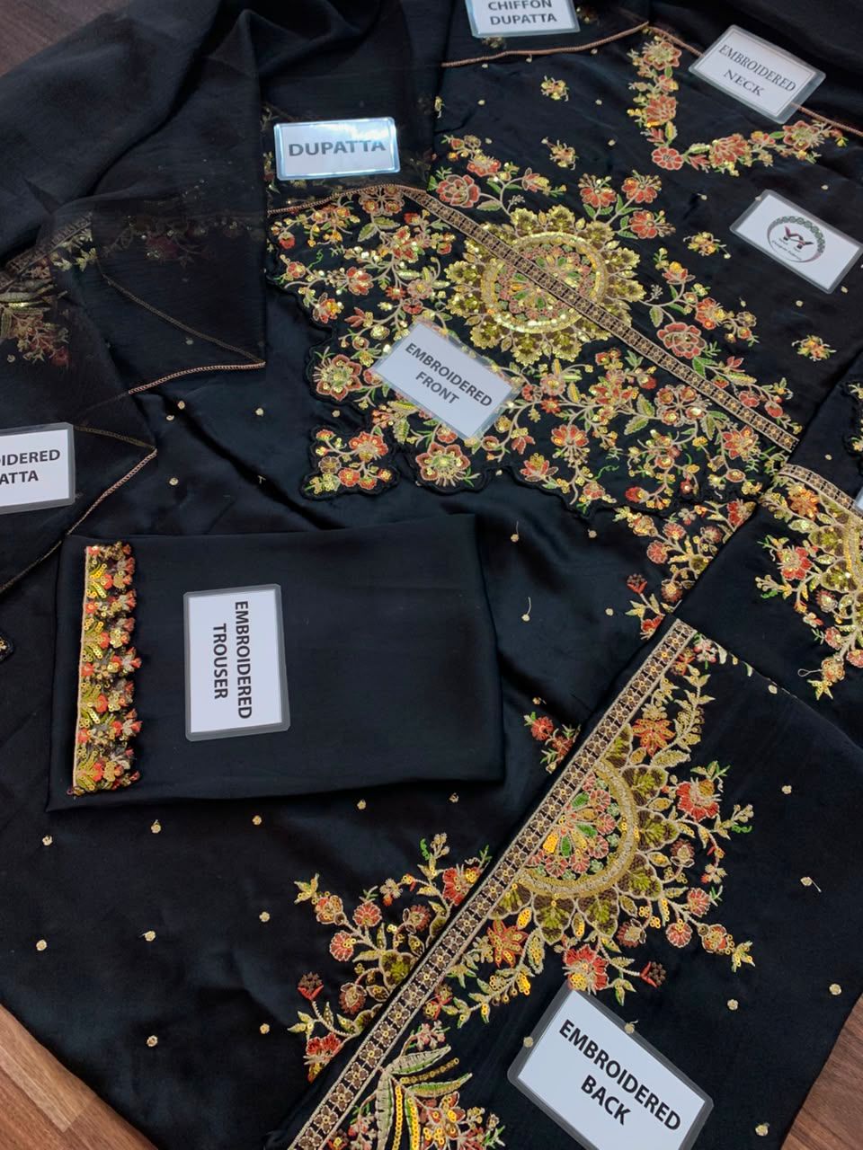 Premium Black Embroidered Kaftan 3-Piece — Premium Shamoz Silk
