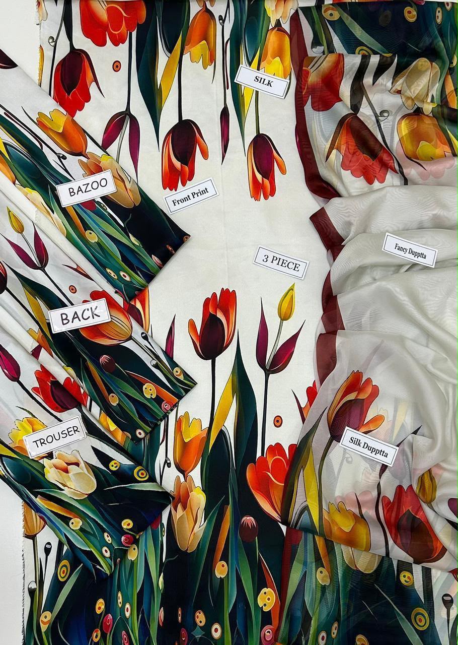 Ivory Tulip Floral Silk Suit, Lulusar Most Demanding Edition, 3Pc Unstitched