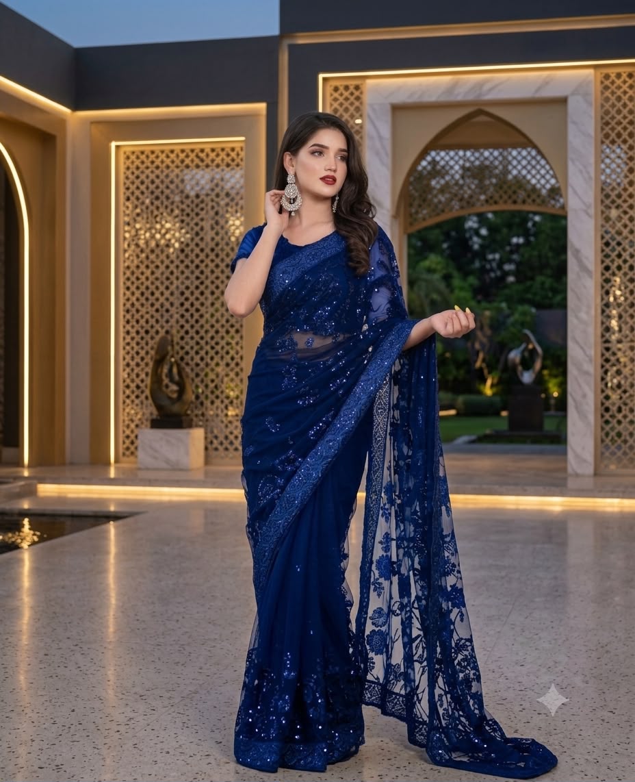 Navy Sequin Embroidered Net Saree with Sheer Floral Pallu