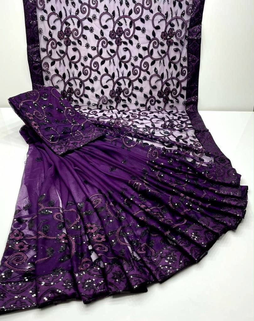 Purple Sequin Embroidered Net Saree with Sheer Floral Pallu