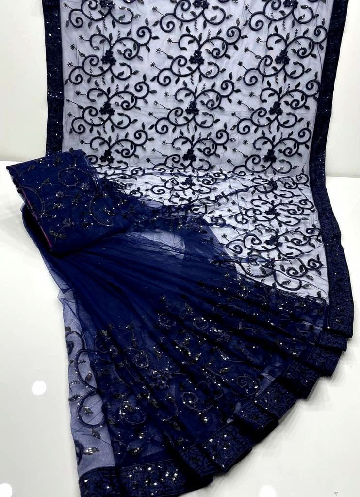 Navy Sequin Embroidered Net Saree with Sheer Floral Pallu