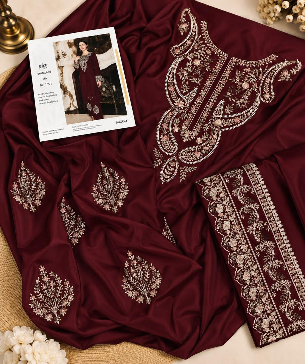 Premium Heavy Embroidered Shamooz Silk Unstitched 2 pcs Set (Hit Code)