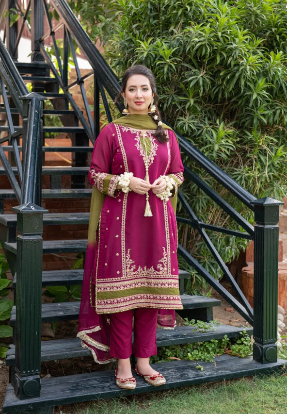 Fuchsia Lime – Luxury Dhank Embroidered 3-Piece Unstitched (PD-)