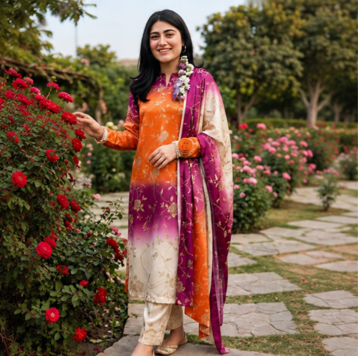 Magenta to Orange Ombre Silk Suit with Gold Floral Print, Lulusar Most Demanding Edition, 3Pc Unstitched