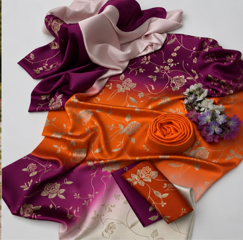 Magenta to Orange Ombre Silk Suit with Gold Floral Print, Lulusar Most Demanding Edition, 3Pc Unstitched