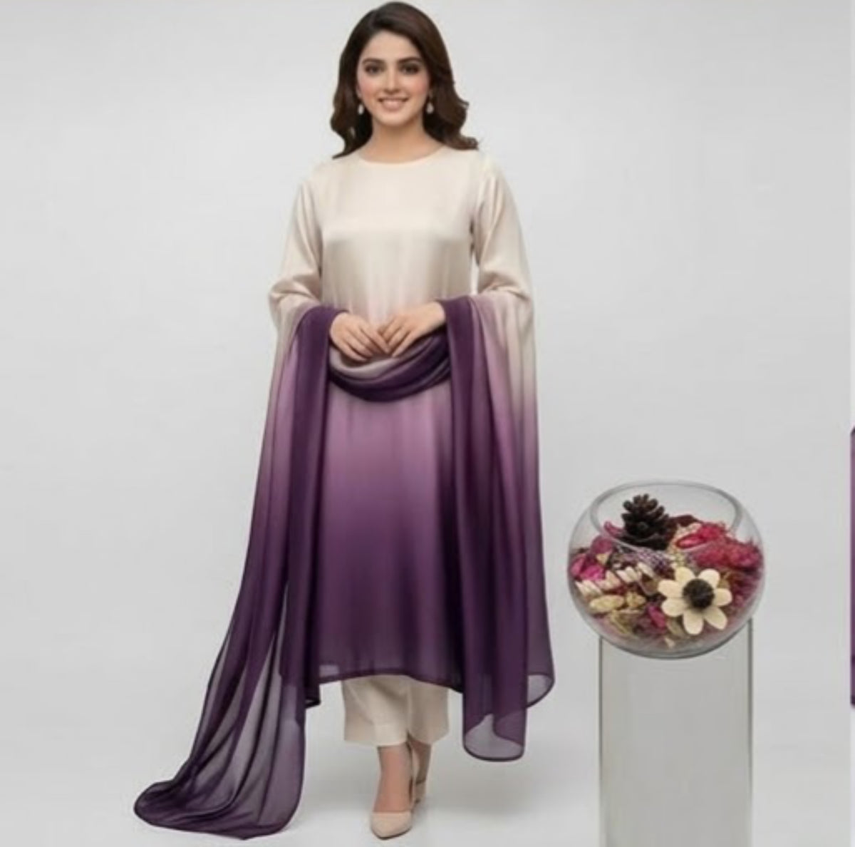 Ivory to Plum Ombre Silk Suit, Lulusar Most Demanding Edition, 3Pc Unstitched
