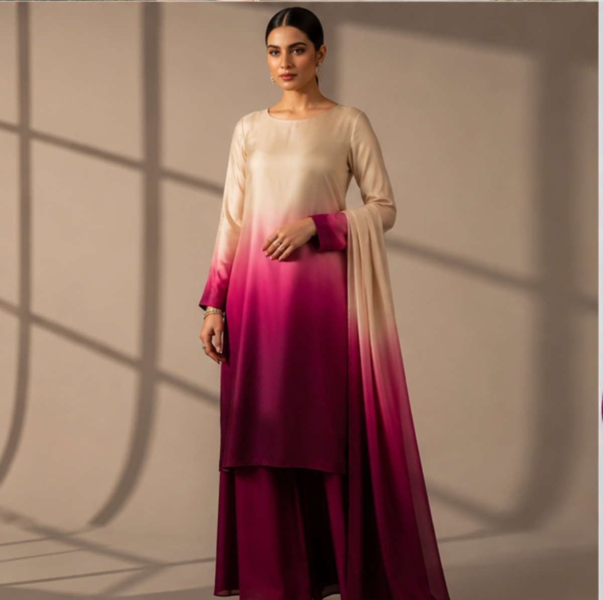 Ivory to Magenta Ombre Silk Suit, Lulusar Most Demanding Edition, 3Pc Unstitched
