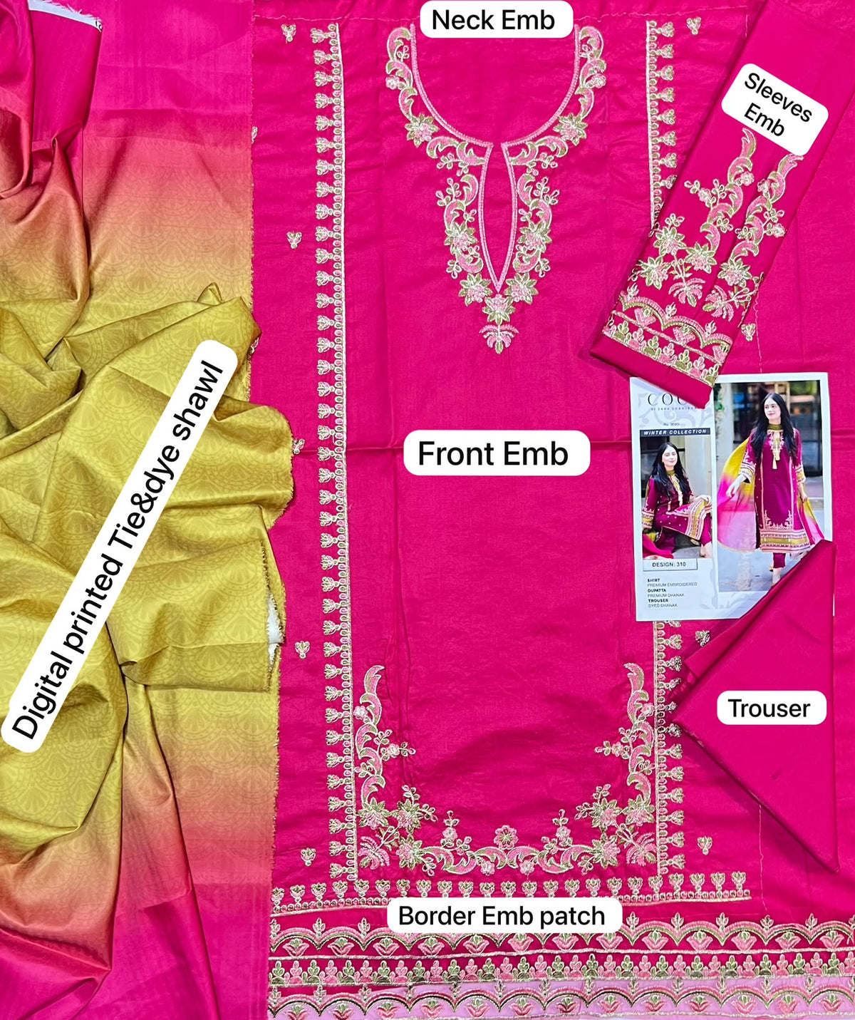 Fuchsia Lime – Luxury Dhank Embroidered 3-Piece Unstitched (PD-)